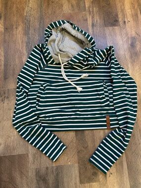 AMPERSAND Green and White Striped Hooded Sweater